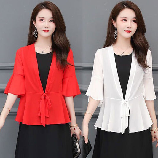 #5334 Black White Red Wrap Coat Women Perspective Chiffon Sunscreen Coat Flare Sleeved Thin Sexy Coat Female Outerwear