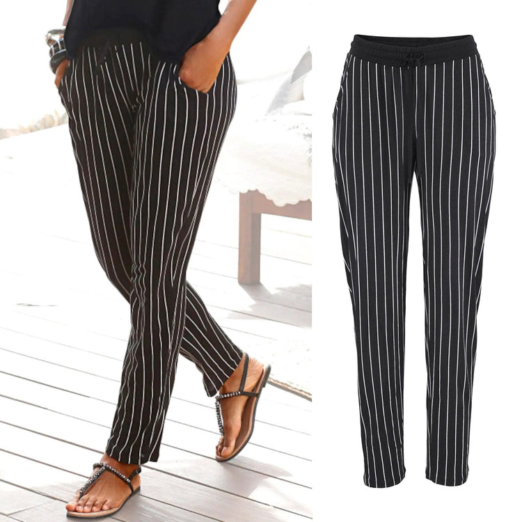Women High Waist Printing Easy Trousers Long Pants Black Cloth White Stripes with Pockets Casual Work All-matched Pencil Pants