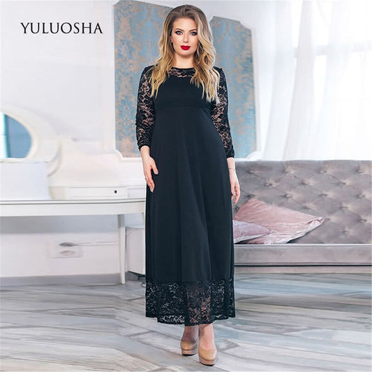 YULUOSHA Plus Size Evening Dress Long O-Neck Lace Black Formal Dress Vestidos De Noche Largos Elegantes De Fiesta Evening Gown
