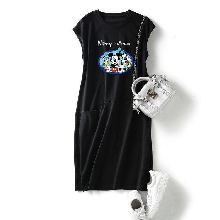 Disney cartoon casual fashion summer fashion loose and thin over-the-knee-covering dress Korean mid-length A-line dress