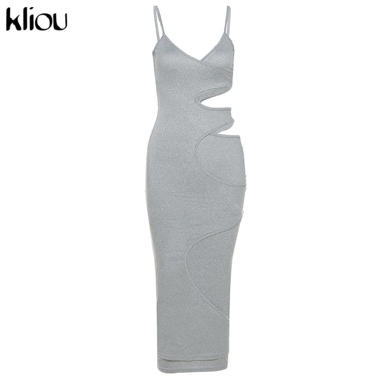 Kliou Cut Out Show Waist Sexy Maxi Dress Women Shape Streetwear Sleeveless Skinny Slim Bodycon Vestidos Sense of Design Hot