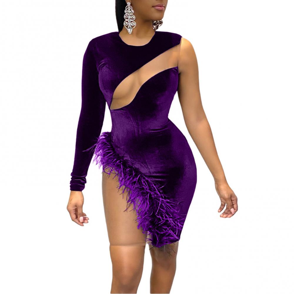 Women Sexy Long Sleeve One Shoulder Mesh Patchwork Feather Mini Bodycon Dress
