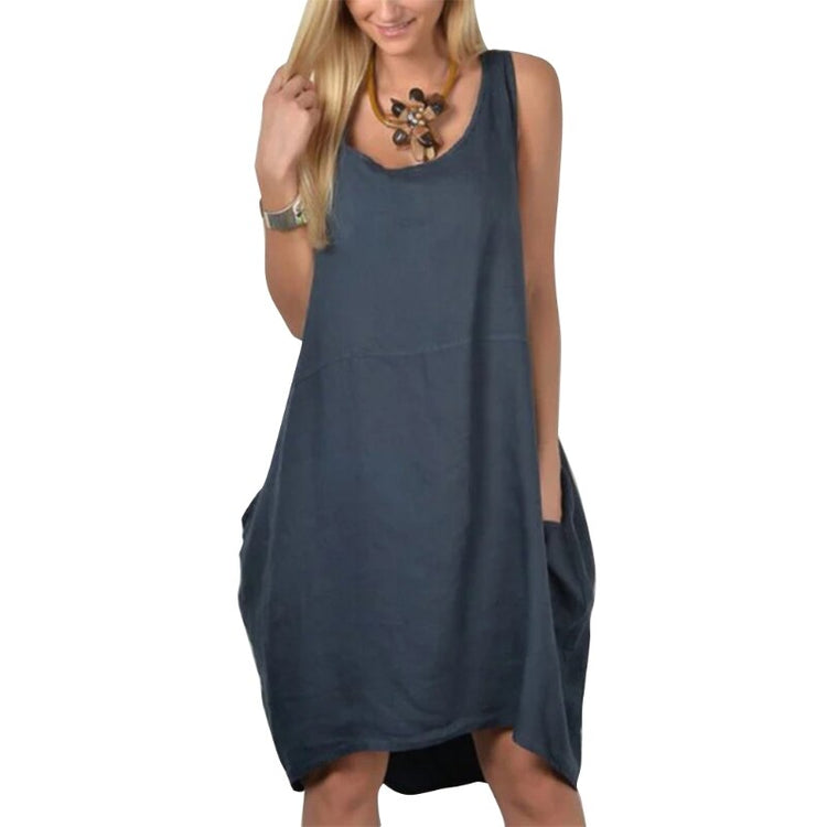Women Summer Sleeveless Scoop Neck Midi Long Tank Dress Solid Color Loose Casual Beach Sundress with Pocket Plus Size