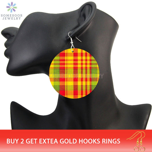 SOMESOOR Vintage Afro Fabric Designs Printed Wooden Drop Earrings African Ethnic Bohemian Panttern Loops Dangle For Women Gifts