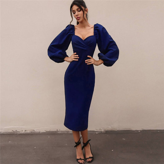 Women Sexy Midi Pencil Dress Long Sleeve V-neck Pure Color Dress For Woman Spring Autumn Fashion Slim Puff Sleeve Solid Dresses