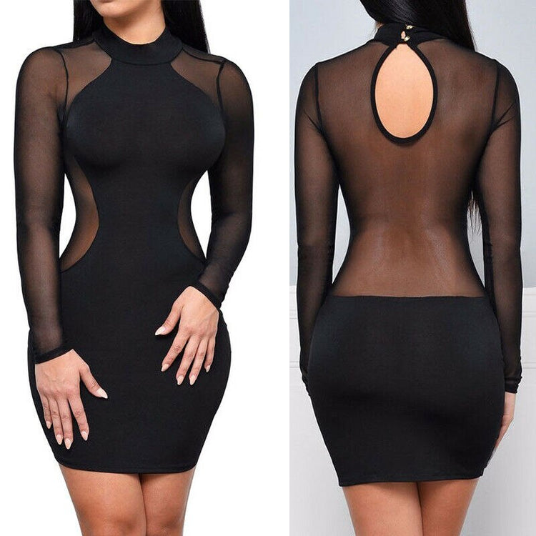 Sexy Women Dresses See Through Mesh Bandage Bodycon Long Sleeve Women Clothes Evening Sexy Party Clubwear Sexy Mini Skinny Dress