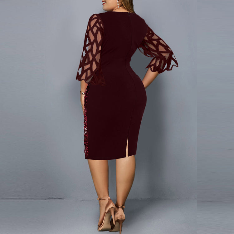 Casual Elegant Dress Women O Neck 3/4 Sleeve Sheer Patchwork Shiny Sequins Bodycon Party Knee-length Dress