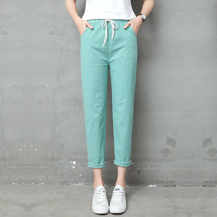 2021 Spring Summer Woman Cotton Linen Pants Elastic Waist Solid Harem Pants Ankle-length Capris Trousers Bloomer Pencil Pants