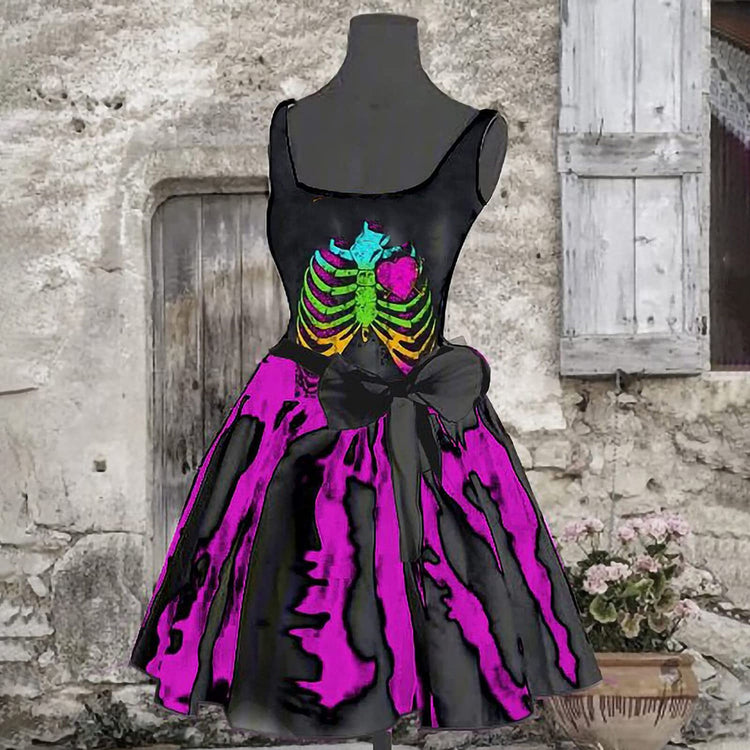 Women Skeleton Print U Neck Sleeveless Dress Halloween Vacation A Line Party Club Swing Woman Dress 2021 Temperamental Dresses