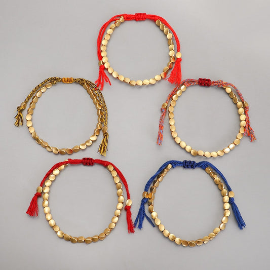 Handmade Tibetan Copper Bead Bracelet for Women Adjustable Rope Chain Men Bracelets Gold Color Braided Boho Vintage Jewelry Gift