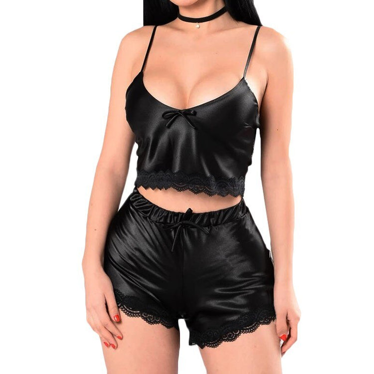 Women Sexy Satin Silk Sleepwear Set Lace V-neck Camisole Shorts Lingerie Pajamas Solid Sleeveless Solid Tops Clothes Plus Size