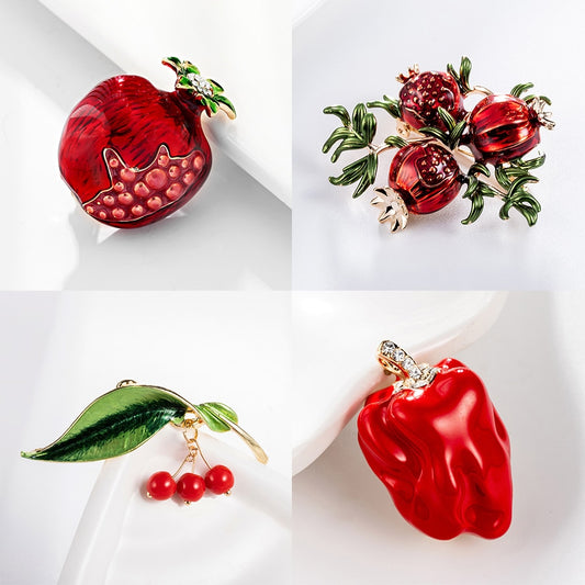 Fashion Red Pomegranate Brooch Autumn Fruit Green Leaf Cherry Pin Enamel Brooches For Women Coat Accessories New Design