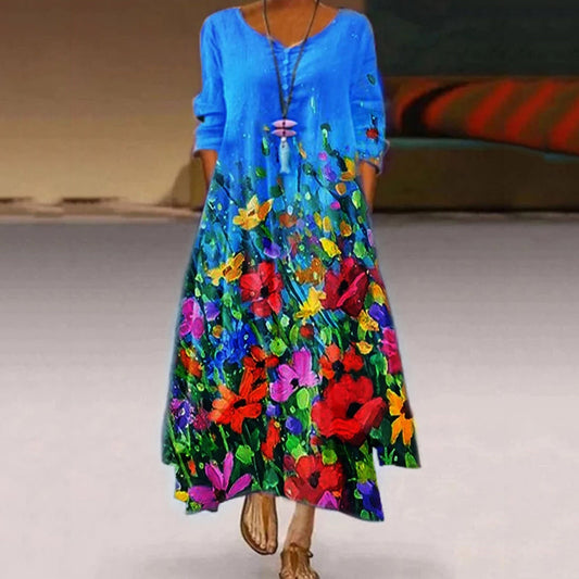 #I0 Floral Print Long Maxi Dress Women O Neck Long Sleeve Casual  Dress Woman Female Vintage Plus Size Daily Loose Dresses
