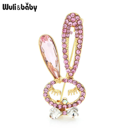 Wuli&baby Pink Rhinestone Rabbit Brooches For Women Lovely Smiling Bunny Animal Party Casual Brooch Pins Gifts