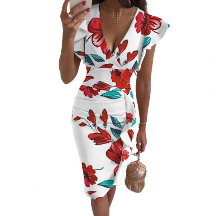 Women Midi Dress 2021 Flower Printing Deep-V Cloth Ruffled Hem Decor Summer Dress for Date