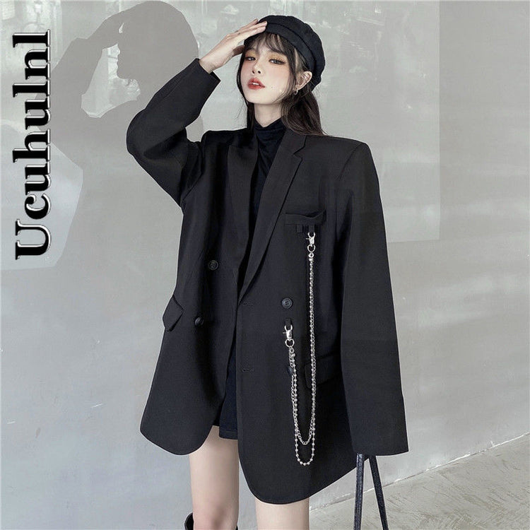 Ucuhulnl Long Sleeve Solid Blazer Lapel V-neck Double Breasted Button Loose Casual Jacket Chain Pocket Woman Man Coat Streetwear