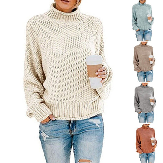 Batwing Long Sleeve Sweater 2020 Women Autumn Turtleneck Loose Pullover Tops Chunky Crochet Knitted Solid Casual Knitwear Jumper
