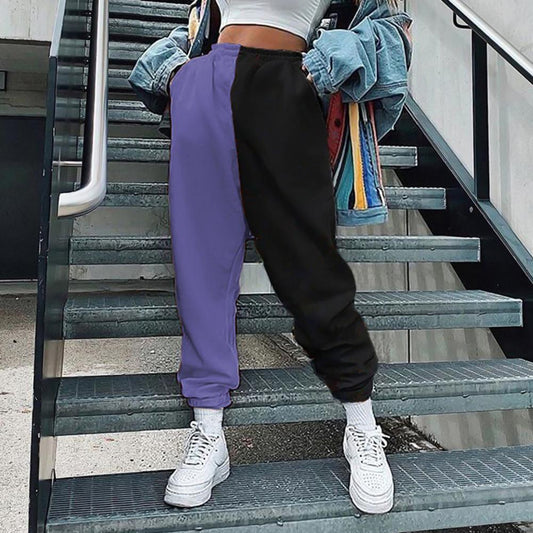 Harem Pants Color Block High Waist Women Ankle Tied Cargo Trousers for Sports