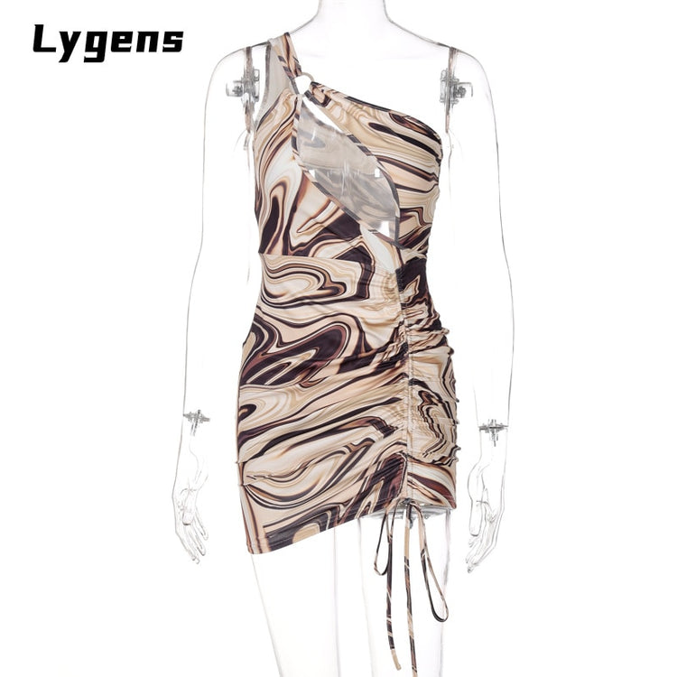 Lygens 2021 Autumn Tie Dye Print Hollow Out Single Shoulder Mini Dress Drawstring Ruched Lace Up Bodycon Sexy Streetwear Y2K