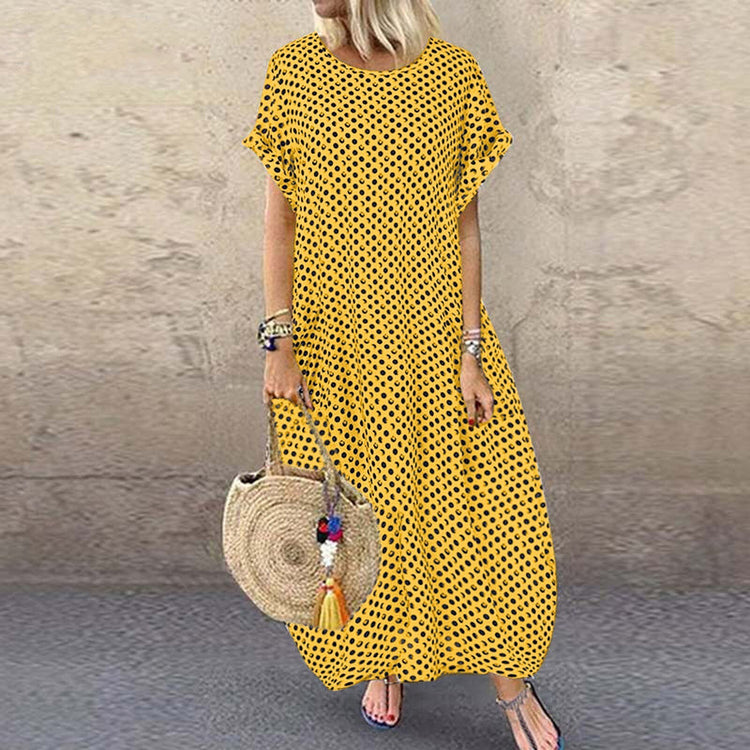 Vintage Loose Straight Sundress Long Maxi Women Casual Polka Dot Print Short Sleeve Round Neck  Dress  Beach Bohemain Vestidos