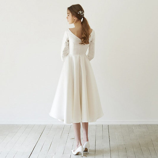 New Simple Wedding Dresses Satin Tea length With Sleeve abendkleider matrimonio vestidosde novia robe-de-mariee Customize SWD053