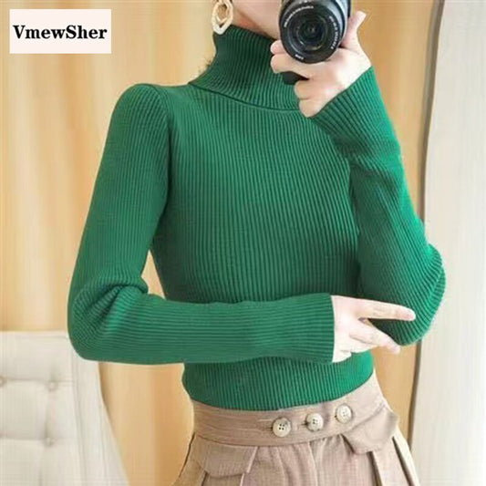 VmewSher New Autumn Spring Women Sweater Elastic Slim Knitwear Turtleneck Pullover Elegant Jumper Long Sleeve Basic Knit Top
