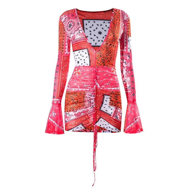 Dihope 2021 Summer Pink Bandana Mesh Bodyocn Dress Club Outfits for Women Flared Long Sleeve Deep V Neck Draw String Mini Dress