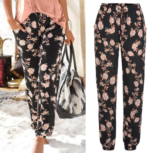2021 Summer hot selling new Boho printed cotton trousers loose pants flower printing elastic hem waist with pockets wholesale
