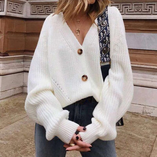 Women Solid Cardigans Autumn Casual Batwing Sleeve Knitted Sweater Fashion Oversize V-Neck Button Female Knitwear Outwear