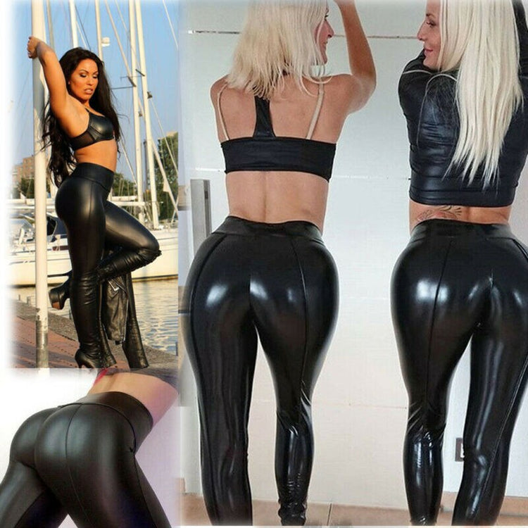Women Black Wet Look Faux Leather Moto PU High Waist Legging Clubwear Pants Slim Push Up Long Ladies Sex Skinny Leggings