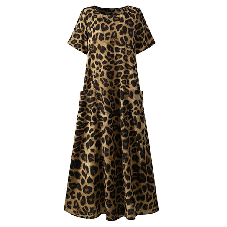 Leopard Printed Women Plus Size Print Daily Casual Short Sleeve O Neck Dress Round Collar Ankle-length Jurken Oversized Robe