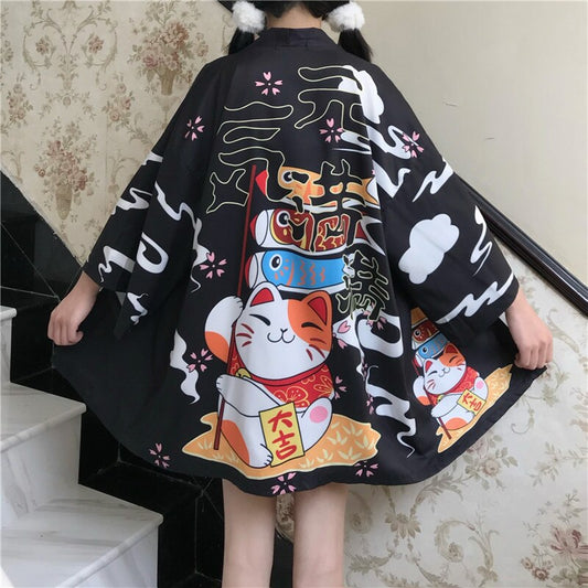 #5308 Harajuku Vintage Chiffon Kimono Cardigan Coat Women Hanfu Sunscreen Wrap Coat Black Red Printed Coat Woman Chinese Style