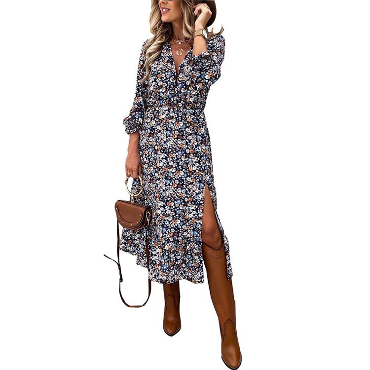 AWASIR 2021 European and American Sexy Printed V-neck Button Slit Long Ladies Dress Work clothes