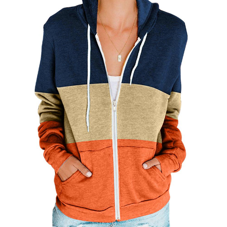 Oversize Hoodies Women Contrasting Stripes Zip Up Sweatshirt Spring Autumn Vintage Pockets Long Sleeve Casual Sport Jacket