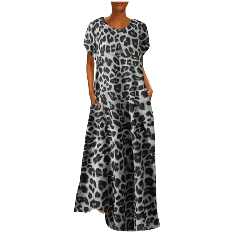 Leopard Printed Women Plus Size Print Daily Casual Short Sleeve O Neck Dress Round Collar Ankle-length Jurken Oversized Robe