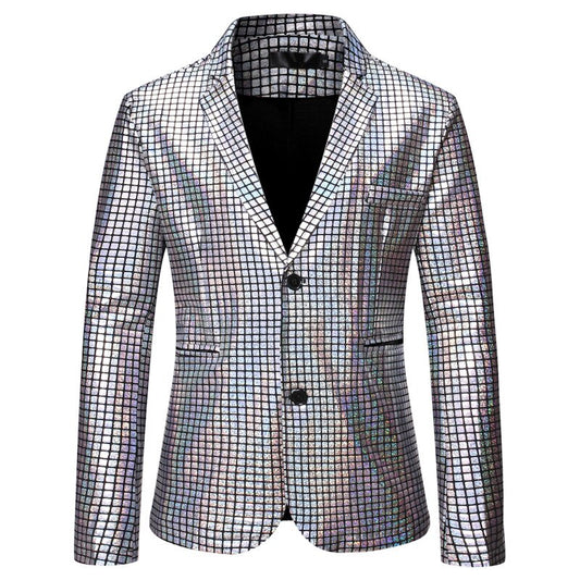 Silver Plaid Sequins Suit Blazer Men Nightclub Prom Mens Notched Lapel Suit Jacket Wedding Party Stage Singers Blazer Masculino