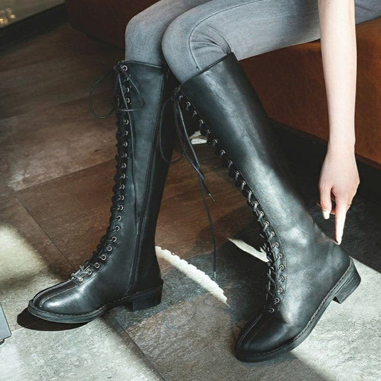 Autumn Winter Shoes Women's Fashion Boots Solid Lace-up Large Size Knee-high Flat Heels Knight Boots Shoes Long Motorcycle Boots