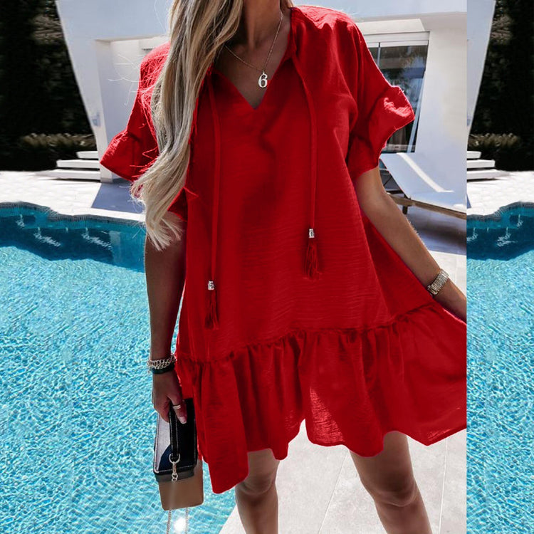 Summer Loose Plus Size Hoodied Mini Dress Women Fashion  Casual Solid V-neck Petal Sleeve Tassel Beach Dress Beach Streetwaer