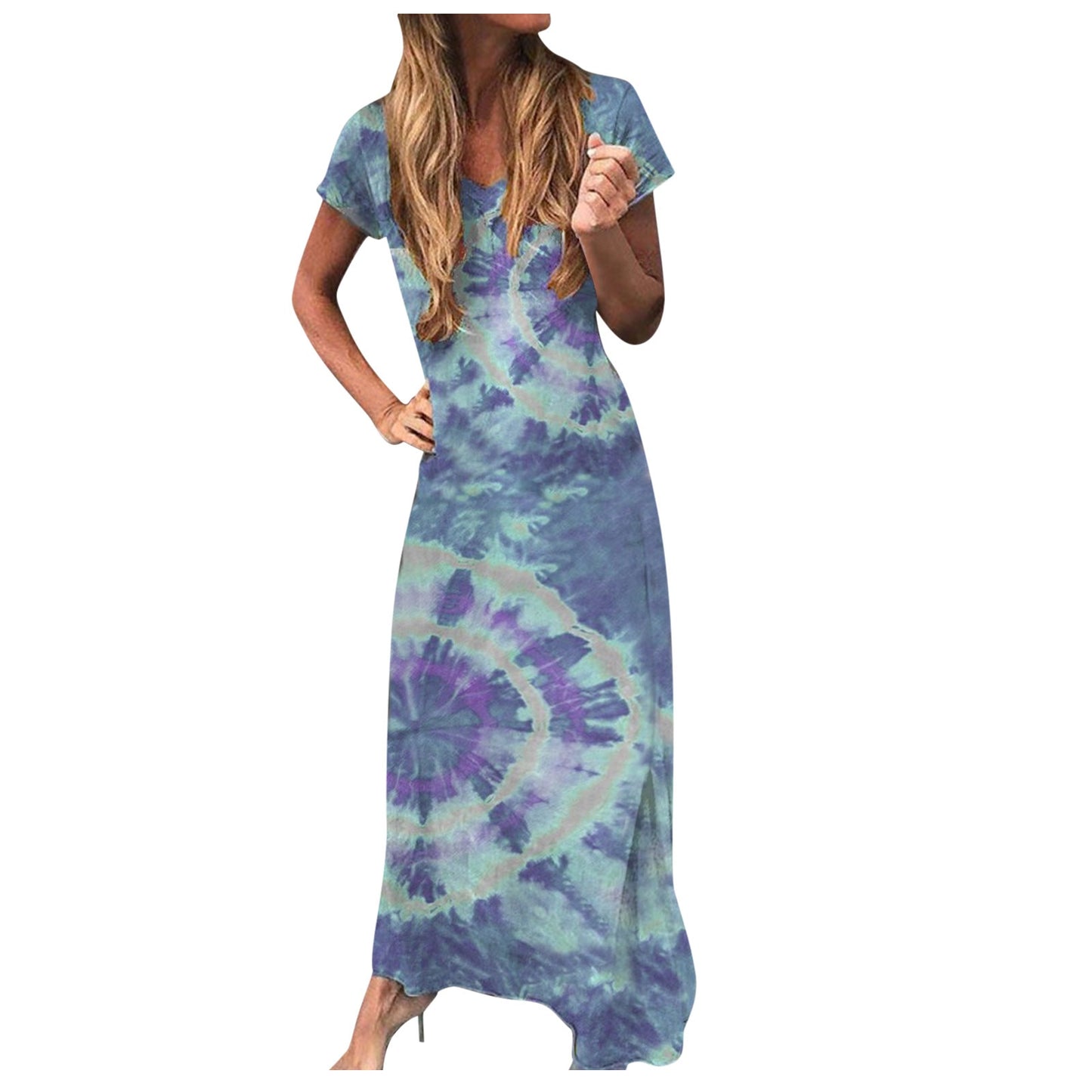 Fashion Classical Tie-Dye Wave Cut Women Long Dress Comfy  Casual Loose Holiday Beach Dress Asymmetric Hem Round Neck Vestidos
