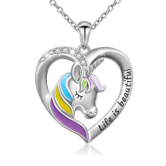 Life Is Beautiful Letter Unicorn Heart Pendant Necklace for Women Teen Girl Gift Silver Color Chain Jewelry
