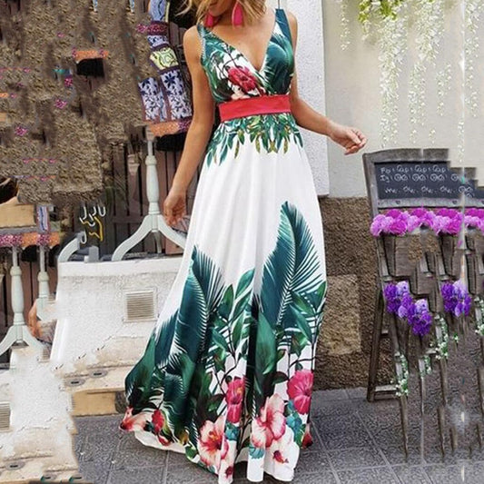 #H40 Bohemian Long Dresses For Women Summer V-Neck Sleeveless Print Beach Maxi Dress Ladies Vintage Party Dress Robe Femme