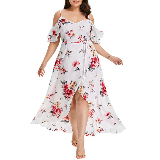 #Plus Size Women Casual Short Sleeve Cold Shoulder Boho Plus Size Flower Print Long Dress High Quality Beach Maxi Dresses
