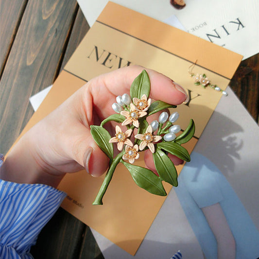 Vintage Green Color Plant Pearls Neroli Brooch Pin Tree Flower Enamel Brooches for Women Coath Accessories