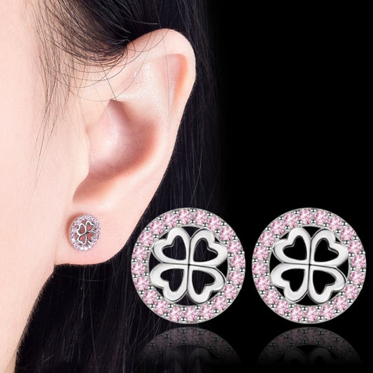 NEHZY 925 Sterling Silver New Woman Fashion Jewelry High Quality Pink Crystal Zircon Four Leaf Clover Hollow Stud Earrings