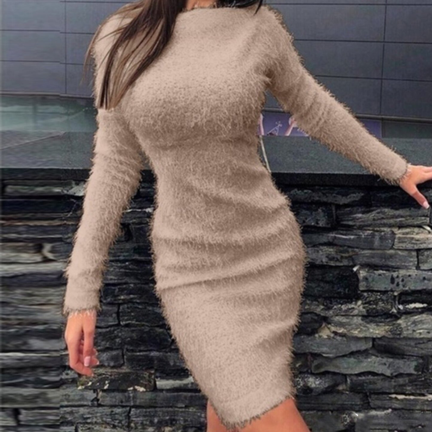 Hot Plus Size Women Dress Autumn Winter Solid Color Long Sleeve Sweater Fluffy Kee-length Bodycon Dress платье