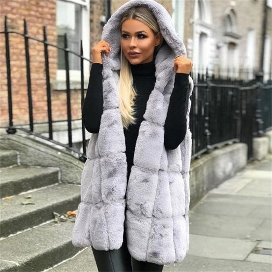 Women's Hooded Fur Vest Jacket New Solid Mid Long Coat Female Sleeveless Keep Warm Jacket Autumn And Winter Cardigan Clothes