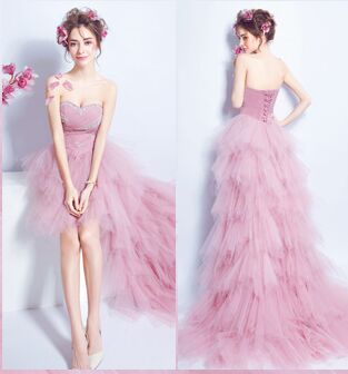 New Arrival Popin Fashion Front Short and Long Back Off the Shoulder Pink Trailing Wedding Gown 1068