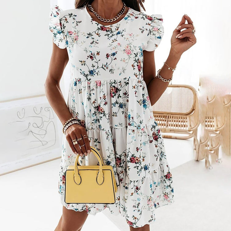Summer Dress Fashion Women's Butterfly Sleeve O-neck Casual Loose Floral Printed Mini Dress Elegant Women's Party Dresses Платье