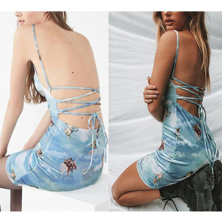2019 Brand New Summer Women Sleeveless Angel Print Slash Neck Bandage Dress Elegant Short Party Dress Spaghetti Strap Mini Dress