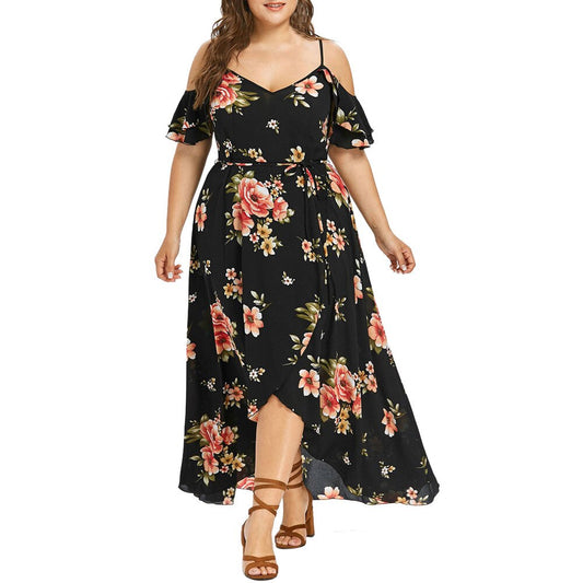 #Plus Size Women Casual Short Sleeve Cold Shoulder Boho Plus Size Flower Print Long Dress High Quality Beach Maxi Dresses